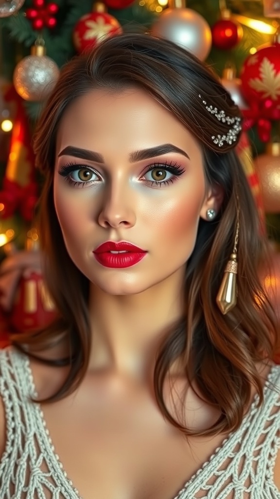A model showcasing simple Christmas makeup with red lips and shimmering eyes in a festive setting.